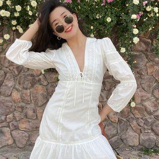 3/4-sleeve Lace Trim Ruffle Hem Mini Sheath Dress