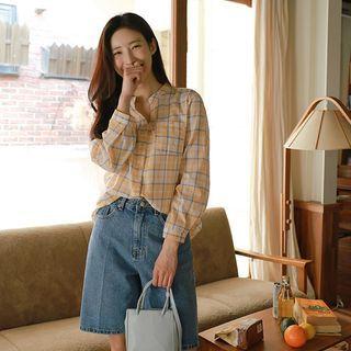 Tab-sleeve Open-placket Plaid Shirt