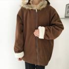 Furry Trim Hooded Zip Jacket