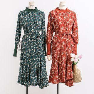 Mock-neck Floral A-line Dress With Sash