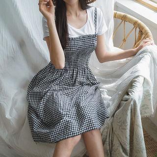 Set: Plain T-shirt + Smocked Gingham Pinafore Dress