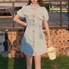 Short-sleeve Cutout Bow Denim A-line Dress Denim Blue - One Size
