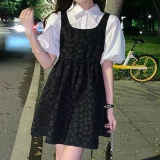 Puff-sleeve Shirt / Floral Print Overall Dress
