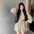 Set: Long-sleeve Off-shoulder Ruffle Trim Crop Top + Shorts Set - Khaki - One Size