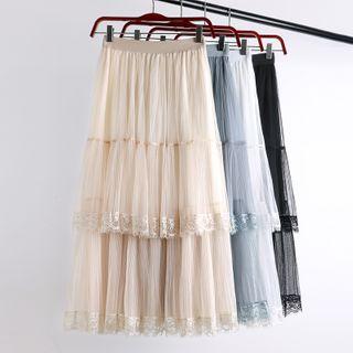 Tiered Mesh Overlay A-line Skirt