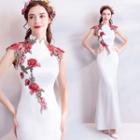 Flower Embroidered Sleeveless Qipao Evening Gown