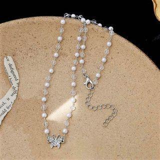 Faux Pearl Butterfly Necklace 3760 - Silver & White - One Size