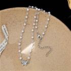 Faux Pearl Butterfly Necklace 3760 - Silver & White - One Size