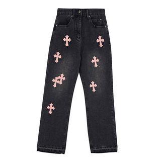 Mid Rise Cross Print Loose Fit Jeans