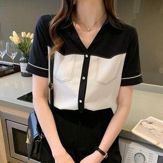 Short Sleeve V-neck Two Tone Chiffon Shirt