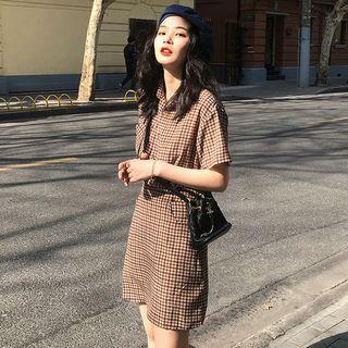 Set: Short-sleeve Plaid Shirt + A-line Plaid Skirt