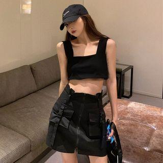 Sleeveless Plain Cropped Top / Asymmetric Cargo Skirt