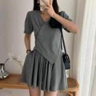 Set: Asymmetrical Short-sleeve Shirred T-shirt + A-line Skirt