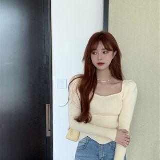 Ribbed Knit Top Beige - One Size