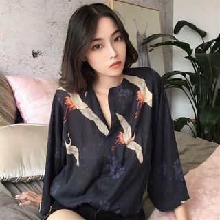 Crane Print 3/4 Sleeve Split Neck Chiffon Shirt