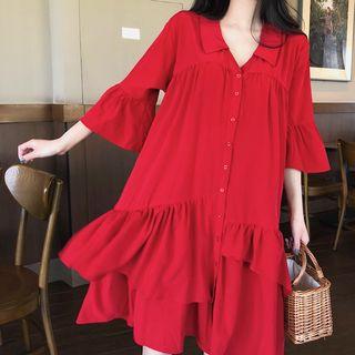 Ruffle Bell-sleeve Loose-fit Dress Red - One Size