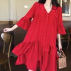 Ruffle Bell-sleeve Loose-fit Dress Red - One Size