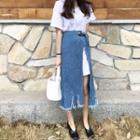 Set: Short-sleeve T-shirt Dress + Denim Slit Midi Skirt