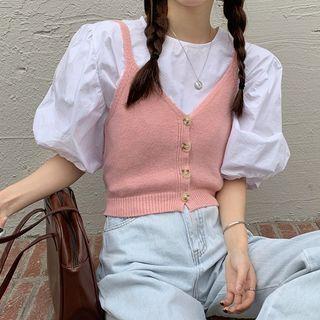 Puff-sleeve Plain Blouse / Knit Cropped Camisole Top