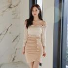 3/4-sleeve Off-shoulder Ruffled Mini Sheath Dress