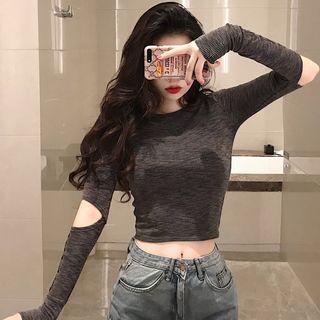 Long-sleeve Cut Out Crop T-shirt Gray - One Size