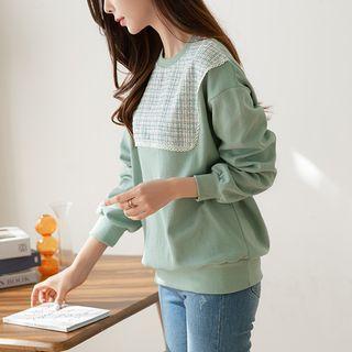 Lace-trim Tweed-panel Sweatshirt