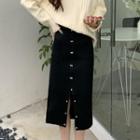 Button-up Knit Midi Pencil Skirt