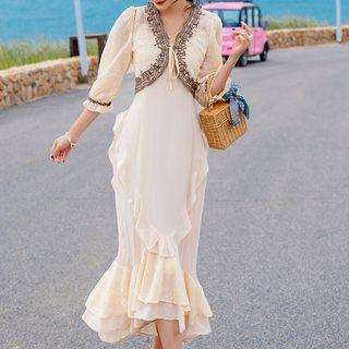 Spaghetti Strap Midi Mermaid Dress / Tie-strap Cropped Cardigan