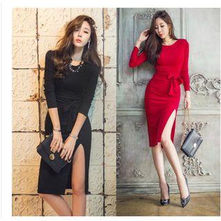 Tie-waist Side Slit Sheath Dress