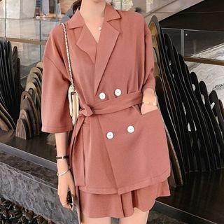 Set: 3/4-sleeve Double Breasted Blazer + Wide-leg Shorts