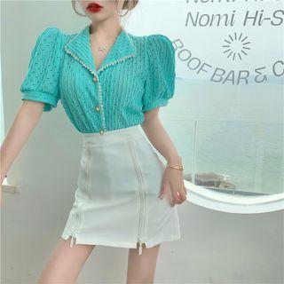 Puff-sleeve Pointelle Knit Top / Zip Detail A-line Skirt
