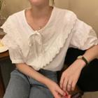 Puff-sleeve Layered Collar Tie Neck Plain Blouse