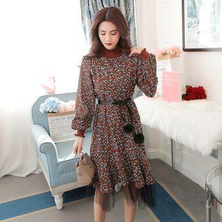 Sheer Panel Floral Print Midi Sweatshirt Dress
