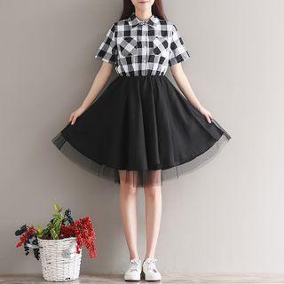 Elbow-sleeve Mesh Overlay A-line Shirtdress