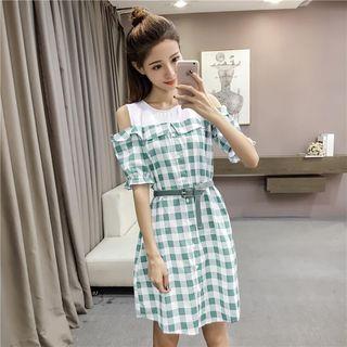 Elbow-sleeve Gingham Panel Dress