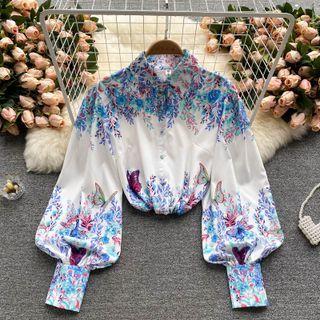 Lapel Puff-sleeve Print Top