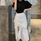 Puff-sleeve Chiffon Top / Asymmetric Drawstring Midi Skirt