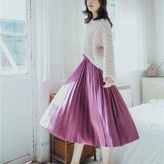 Set: Stripe Long-sleeve Knit Top + Accordion Pleated Midi A-line Skirt