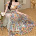 Off-shoulder Floral Mesh Midi A-line Dress