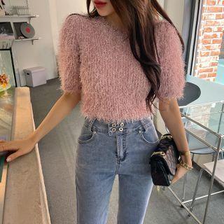 Short-sleeve Metallic Fluffy Knit Top