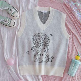 V-neck Dog Print Sweater Vest White - One Size