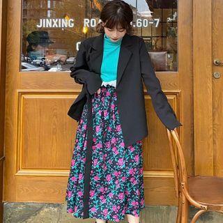Asymmetrical Tie-strap Blazer / Turtleneck Top / Floral Midi A-line Skirt