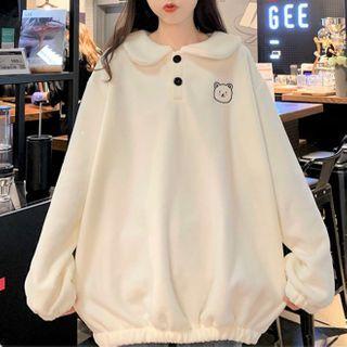 Loose-fit Button-up Bear Printed Sweatshirt