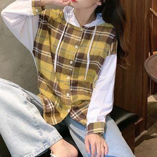 Color-block Contrast Trim Gingham Long-sleeve Shirt