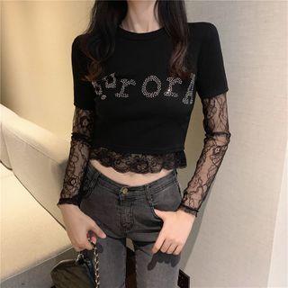Lace Panel Lettering Mock Neck Top