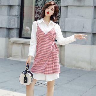 Set: Long Shirt + Spaghetti Strap Plaid Mini Dress
