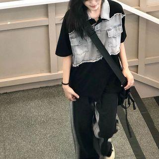 Mock Two-piece Short-sleeve Denim Panel Polo Shirt