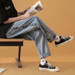 Plaid Panel Cropped Loose Fit Jeans