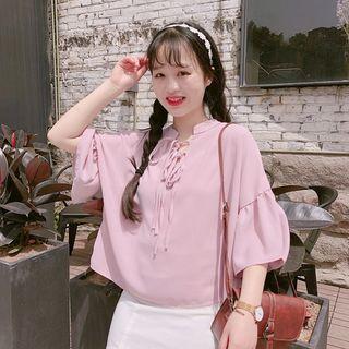 Lace-up Elbow-sleeve Chiffon Blouse