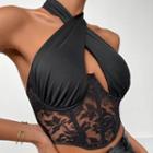 Halter Neck Crisscross Lace Panel Tank Top
